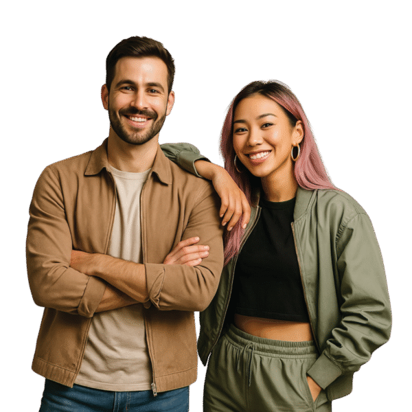 Two smiling team members standing together – diverse creative team at FXL7