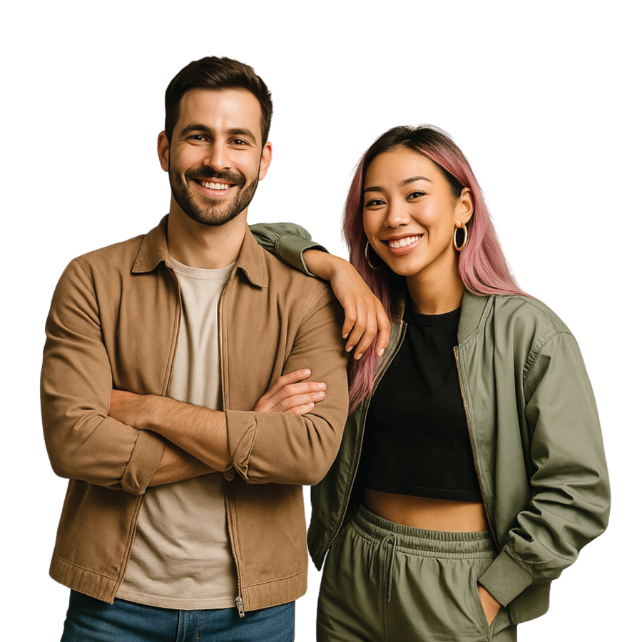 Two smiling team members standing together – diverse creative team at FXL7