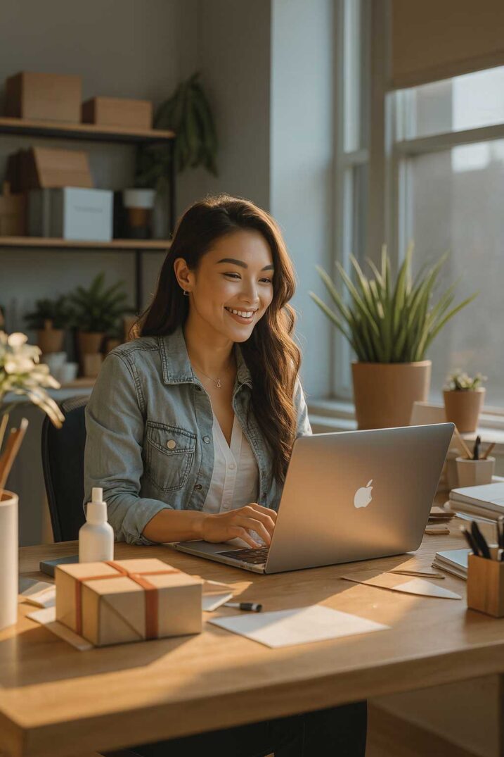 Smiling woman working on a laptop in a modern office – FXL7 digital marketing team