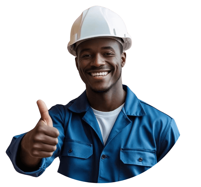 Smiling construction worker in blue uniform and hard hat giving thumbs up