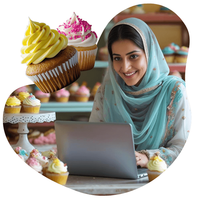 Smiling woman in a blue dupatta working on laptop surrounded by colourful cupcakes