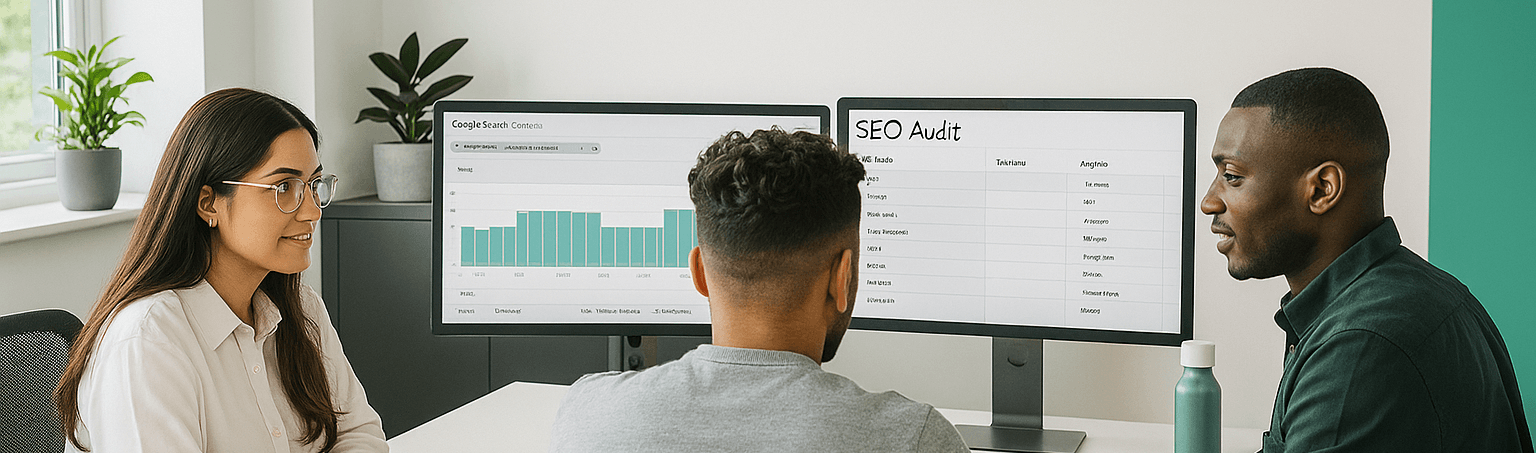 FXL7 team reviewing SEO audit data on dual monitors during a strategy meeting