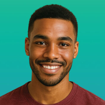 Friendly young man smiling against a teal background – FXL7 Insights Lead portrait
