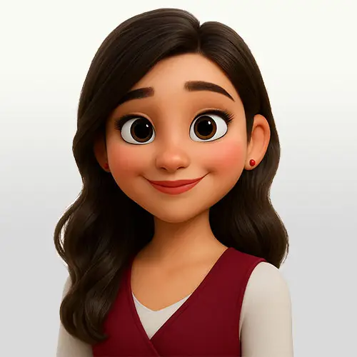 Animated portrait of Alara with long dark brown hair and warm smile