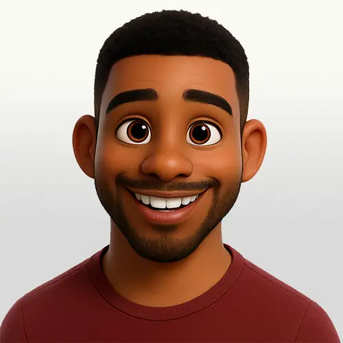 Animated portrait of Bayo with short black hair and bright smile