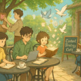 A team of creatives working and brainstorming in an outdoor café, reading books, using laptops, writing notes, and pinning ideas to a board under a large tree with birds flying overhead.