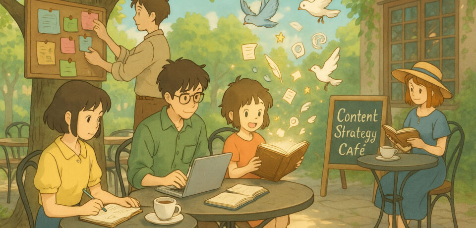 A team of creatives working and brainstorming in an outdoor café, reading books, using laptops, writing notes, and pinning ideas to a board under a large tree with birds flying overhead.