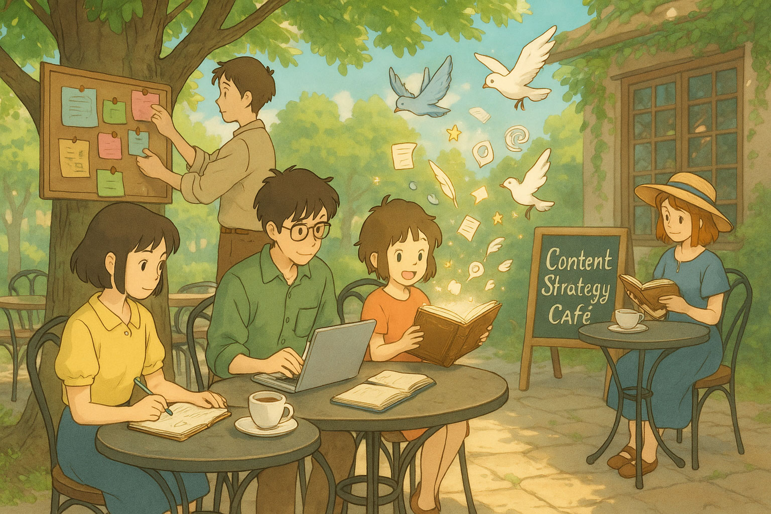 A team of creatives working and brainstorming in an outdoor café, reading books, using laptops, writing notes, and pinning ideas to a board under a large tree with birds flying overhead.