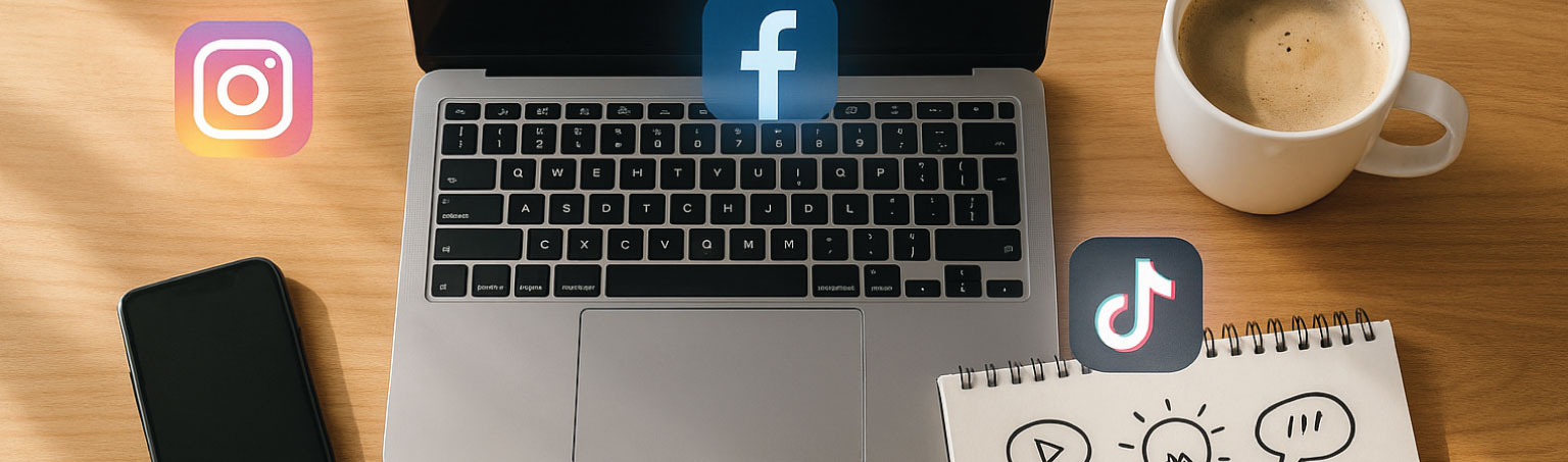 Creative workspace with laptop, markers, and social media icons for content creation