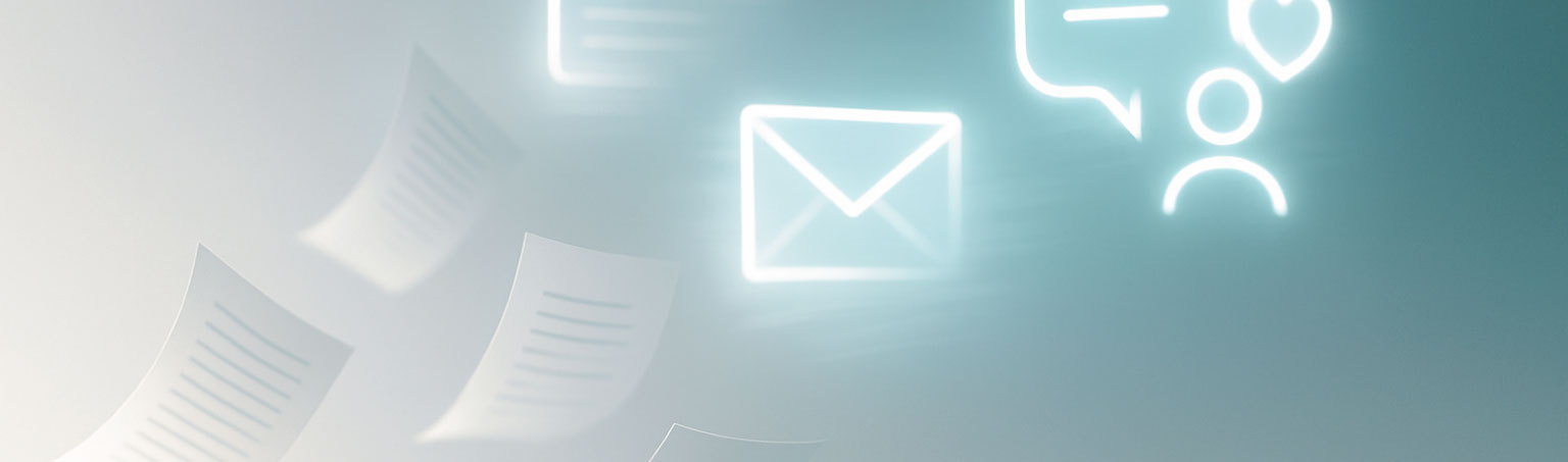 Floating digital documents with glowing email, blog, and chat icons