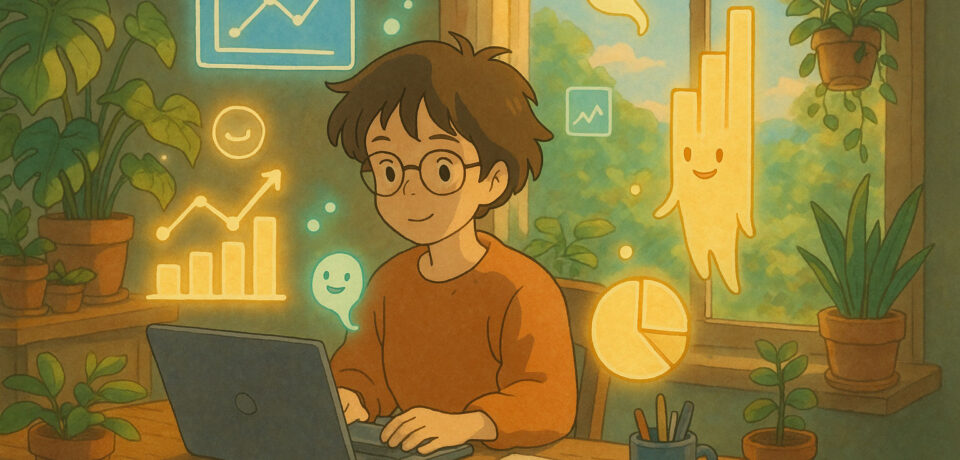 Anime-style illustration of a young person working on a laptop surrounded by glowing SEO and analytics icons in a plant-filled workspace.