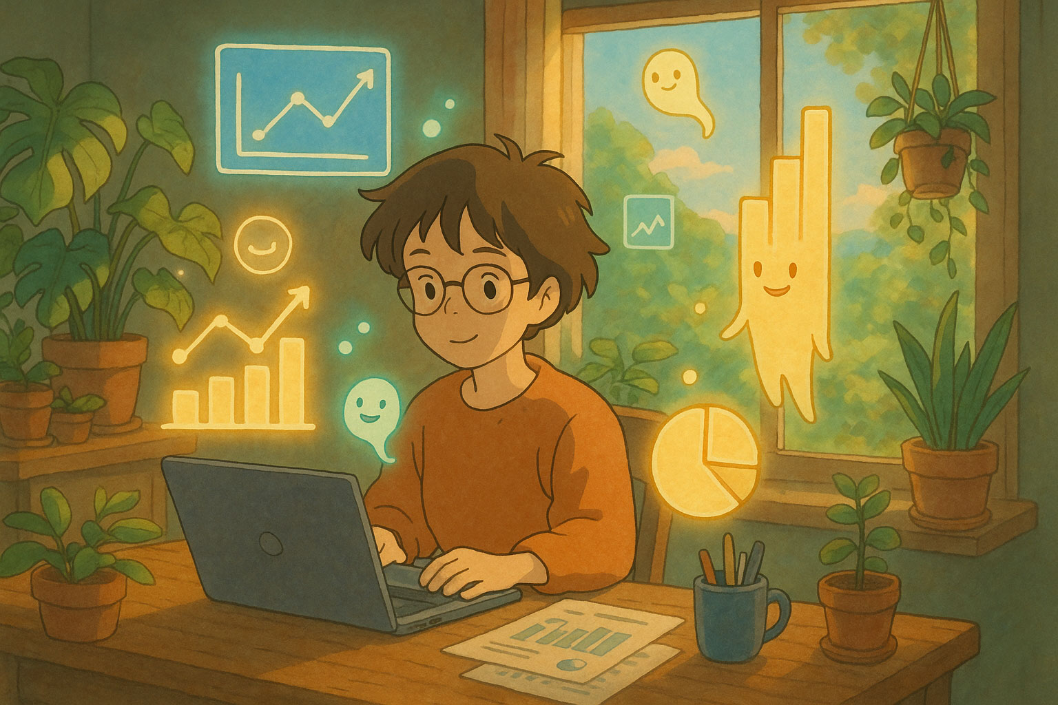 Anime-style illustration of a young person working on a laptop surrounded by glowing SEO and analytics icons in a plant-filled workspace.