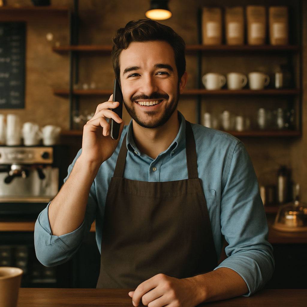 Smiling barista in apron talking on the phone at a cozy coffee shop counter