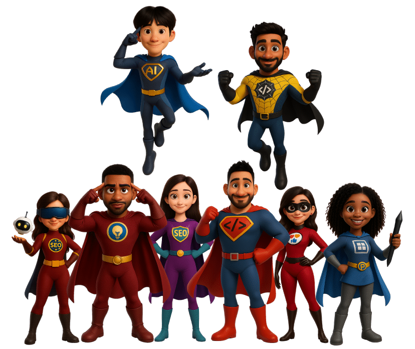 Cartoon superheroes representing different FXL7 digital services