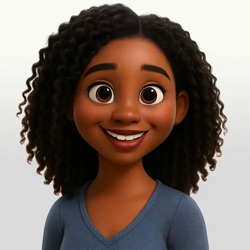 Animated portrait of Leone with curly hair and bright smile