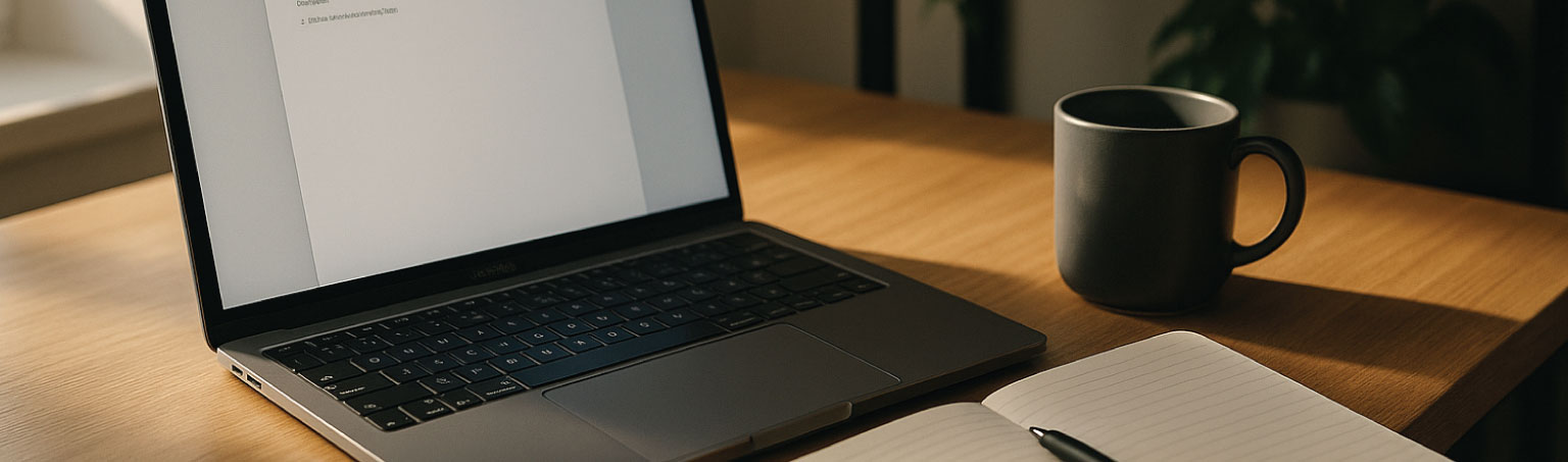 Laptop with blank document open on desk next to notebook and coffee cup