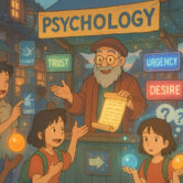 A lively market scene with a wise old man under a “Psychology” sign teaching young people about trust, urgency, desire, and choice, while glowing orbs and signs illustrate marketing psychology concepts.