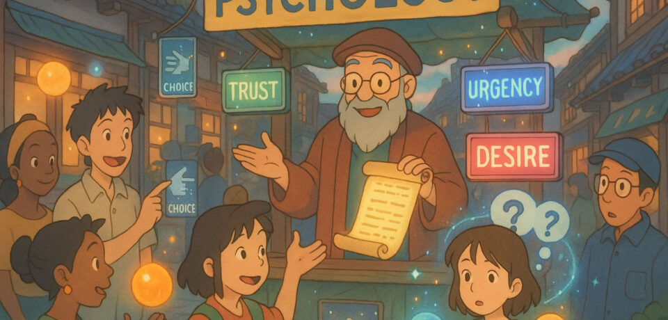 A lively market scene with a wise old man under a “Psychology” sign teaching young people about trust, urgency, desire, and choice, while glowing orbs and signs illustrate marketing psychology concepts.