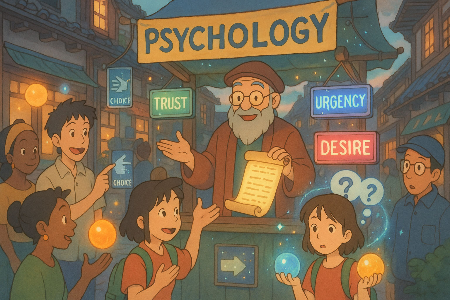 A lively market scene with a wise old man under a “Psychology” sign teaching young people about trust, urgency, desire, and choice, while glowing orbs and signs illustrate marketing psychology concepts.