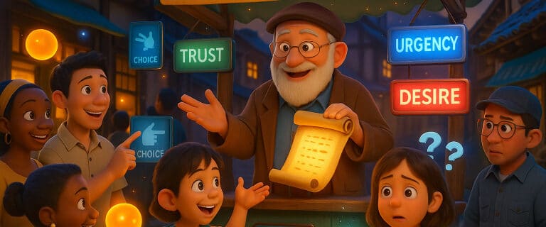 Animated scene of psychology teacher explaining buying choices