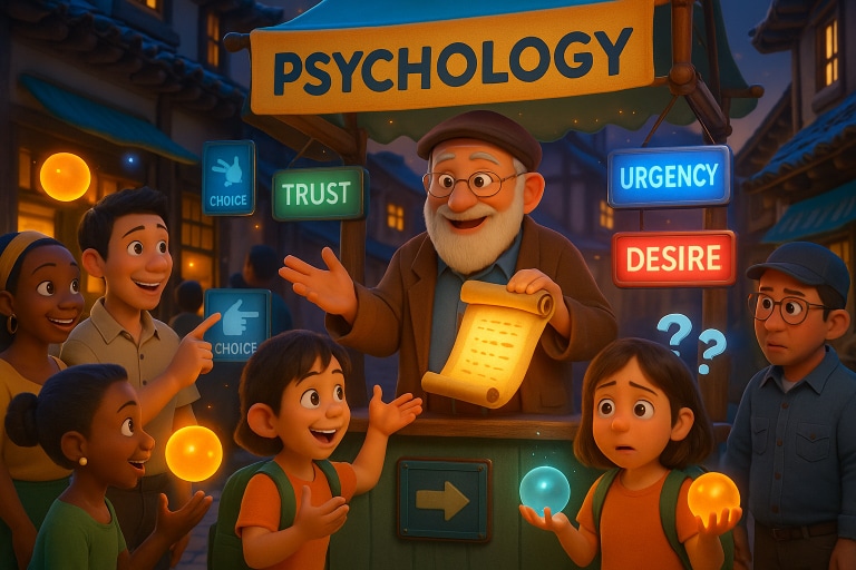 Animated scene of psychology teacher explaining buying choices