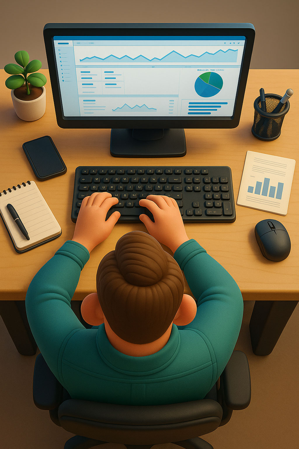 3D illustration of a person analysing SEO analytics dashboard on a computer