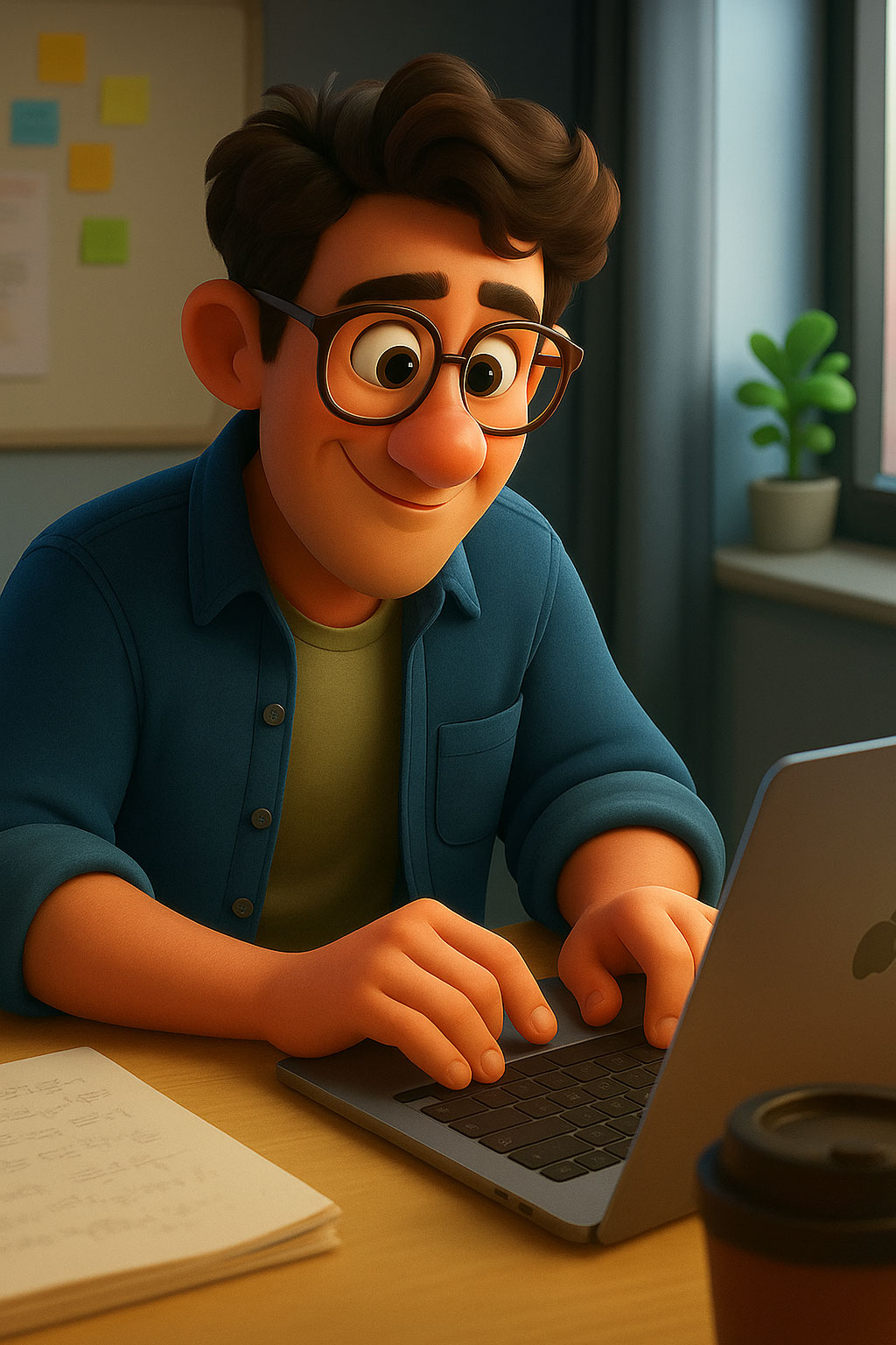 3D illustration of a content writer working on a laptop with notes and coffee on the desk