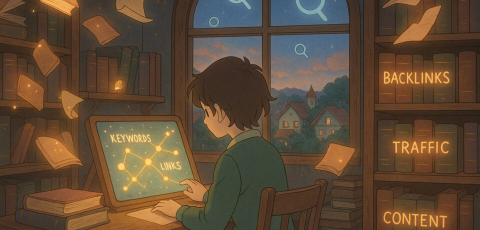 Anime-style illustration of a person using a digital screen with keywords and links inside a magical library filled with floating books and SEO-related terms.