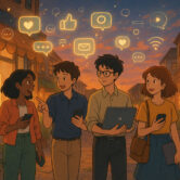 A group of young adults walking through a lively town street at sunset, joyfully discussing SEO and digital growth while holding devices, with glowing social icons and a visible SEO shopfront in the background.