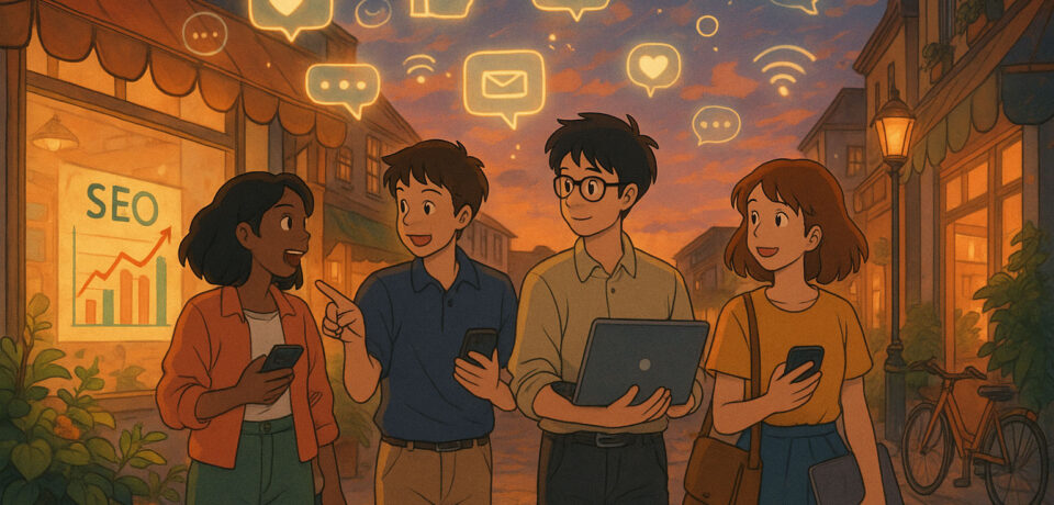 A group of young adults walking through a lively town street at sunset, joyfully discussing SEO and digital growth while holding devices, with glowing social icons and a visible SEO shopfront in the background.