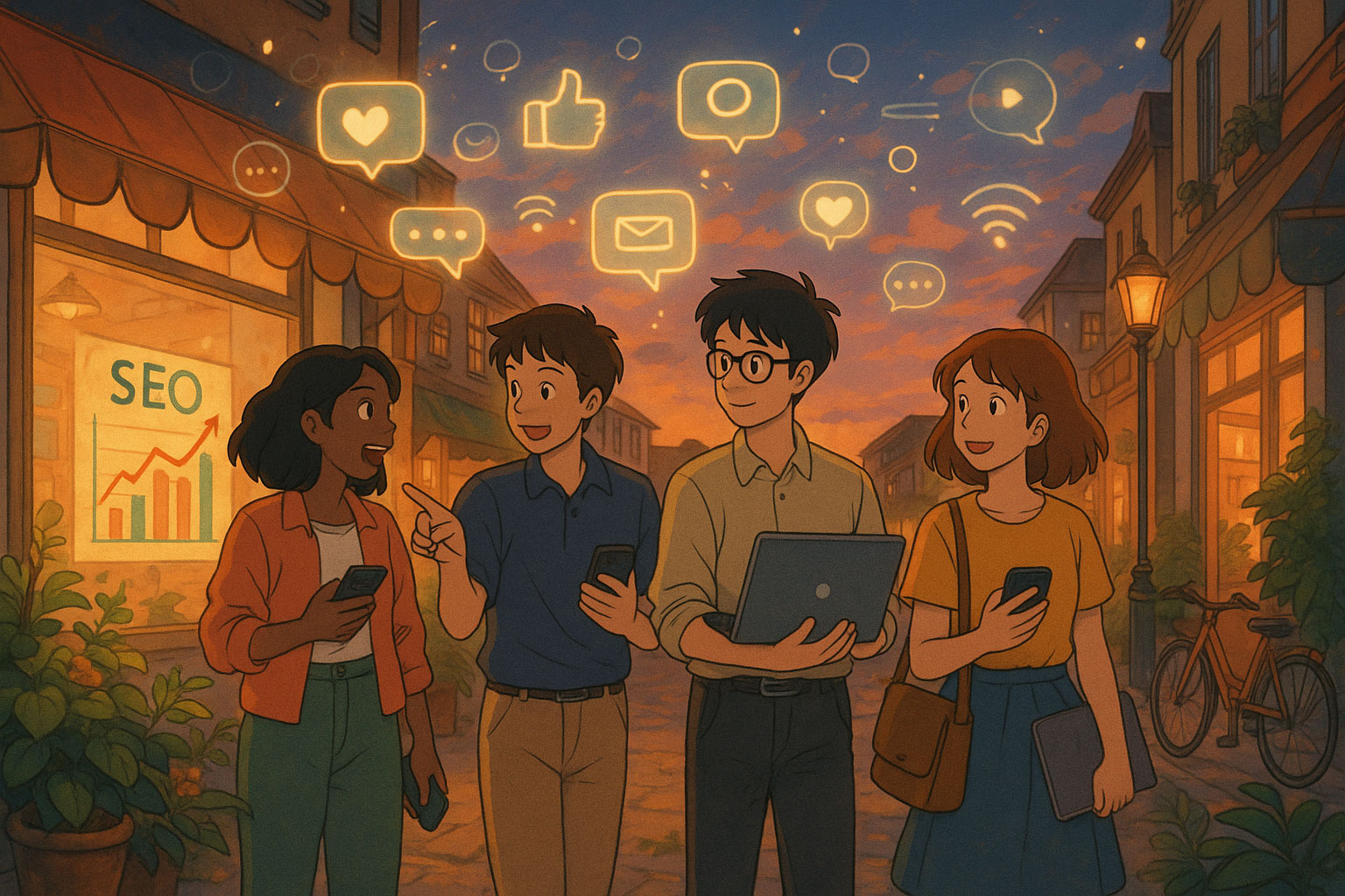 A group of young adults walking through a lively town street at sunset, joyfully discussing SEO and digital growth while holding devices, with glowing social icons and a visible SEO shopfront in the background.