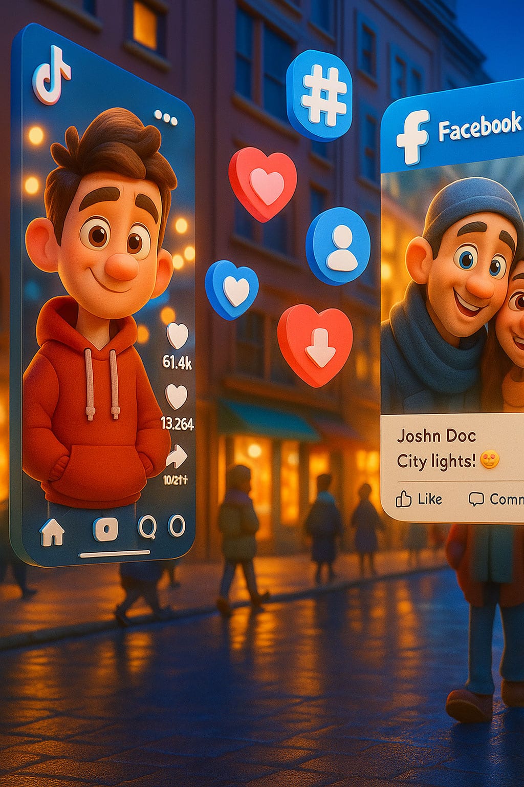 3D illustration of social media interactions with TikTok and Facebook posts showing likes, comments, and follower growth