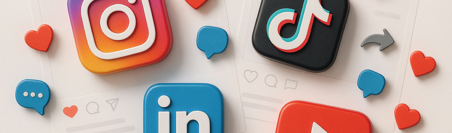 3D icons of Instagram, TikTok, LinkedIn, and YouTube surrounded by hearts and chat bubbles