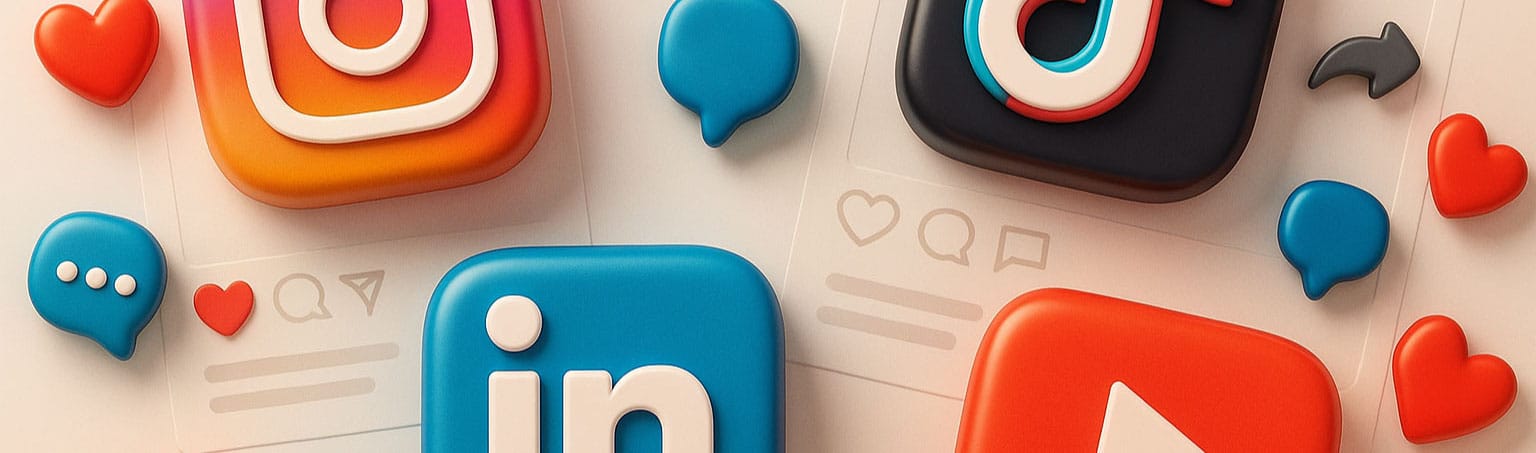 3D illustration of social media marketing icons including Instagram, TikTok, LinkedIn, and YouTube