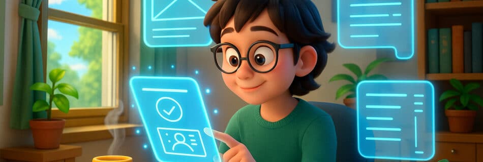 Animated boy using a tablet with holographic interface icons floating in the air