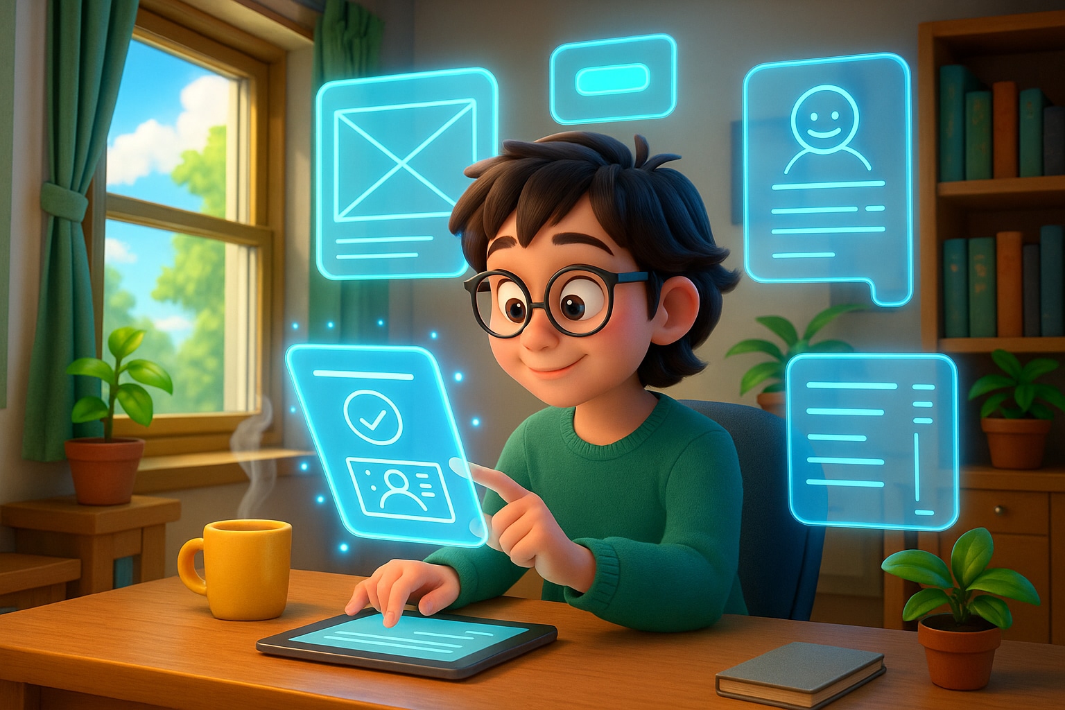 Animated boy using a tablet with holographic interface icons floating in the air