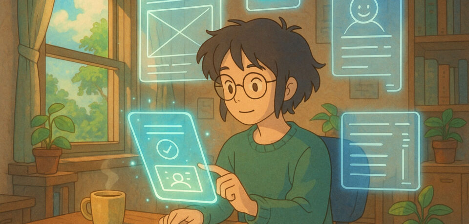 Anime-style illustration of a UX designer interacting with glowing holographic UI elements in a cosy, plant-filled workspace.