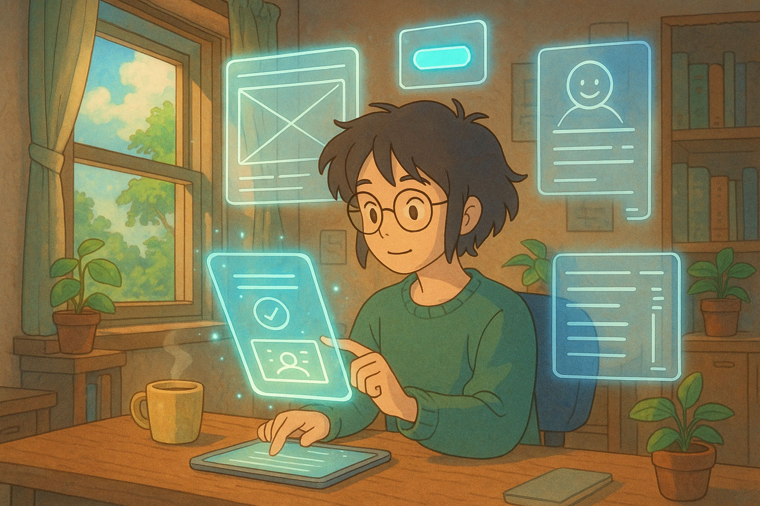 Anime-style illustration of a UX designer interacting with glowing holographic UI elements in a cosy, plant-filled workspace.