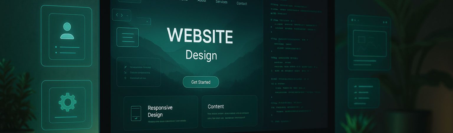 Modern website design interface on a computer screen with UI elements