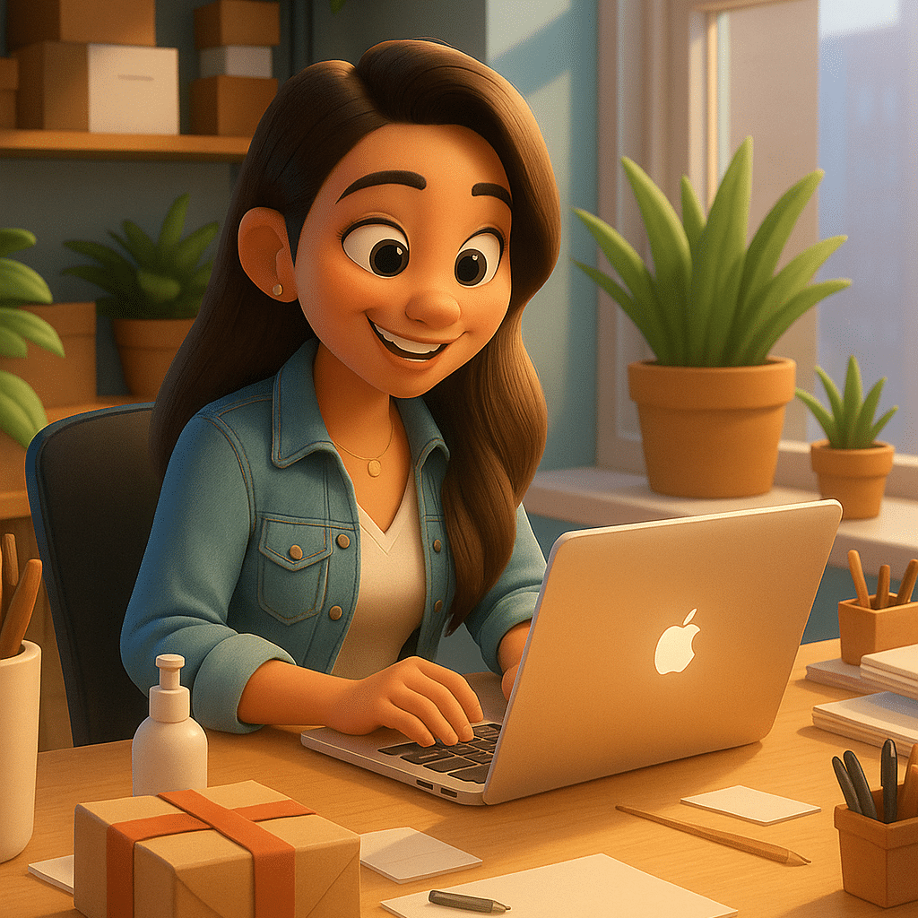 Animated woman using laptop in bright office with plants and packages