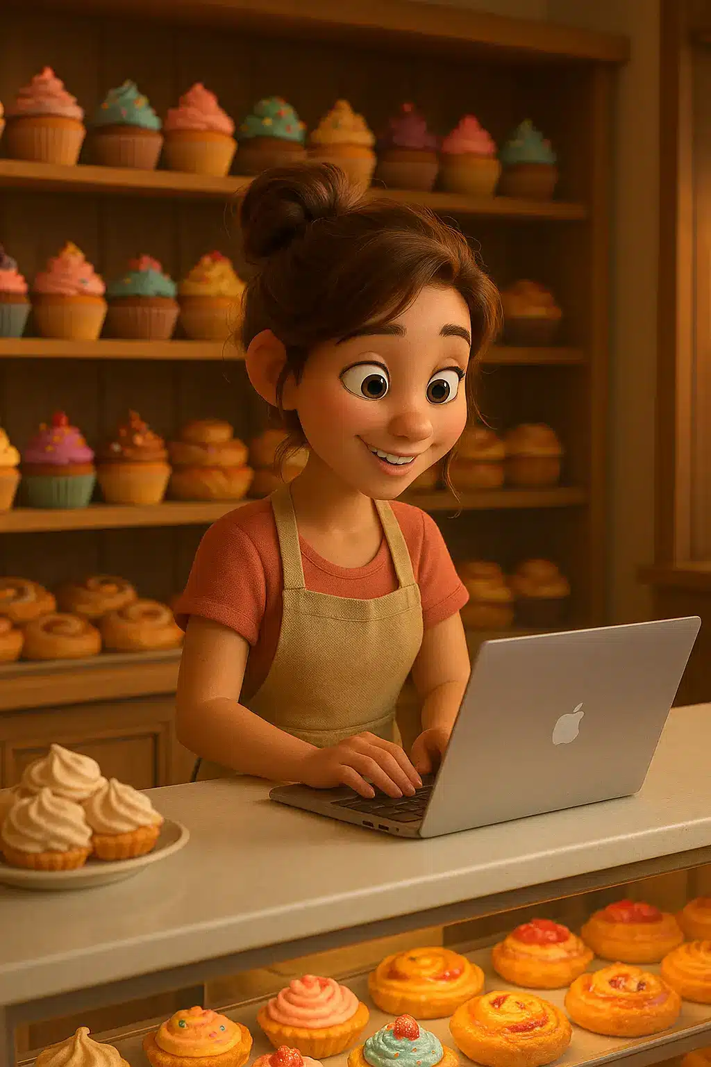 Young female baker in apron managing bakery orders on laptop surrounded by cupcakes and pastries
