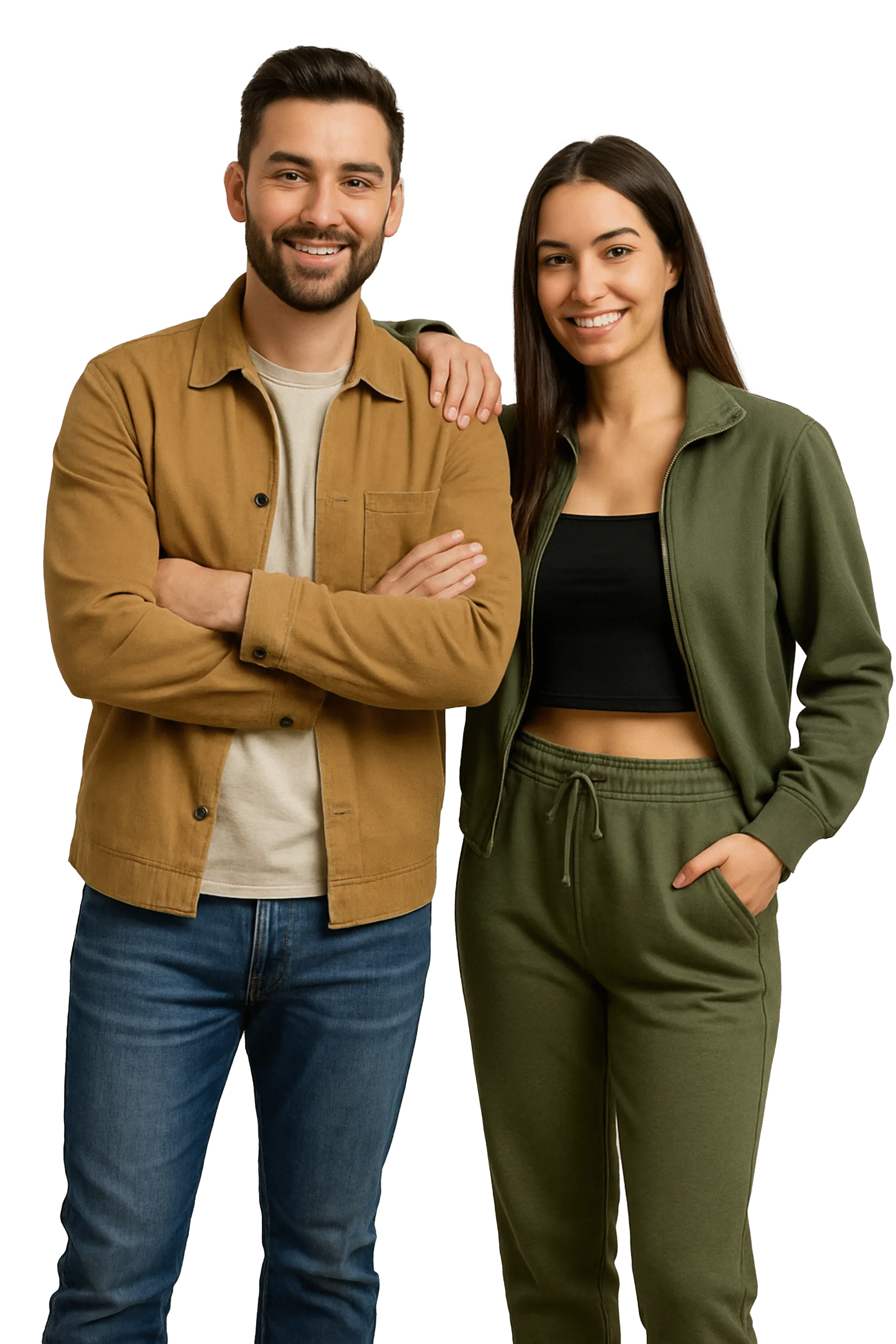 Smiling man and woman standing together in casual outfits against a light background