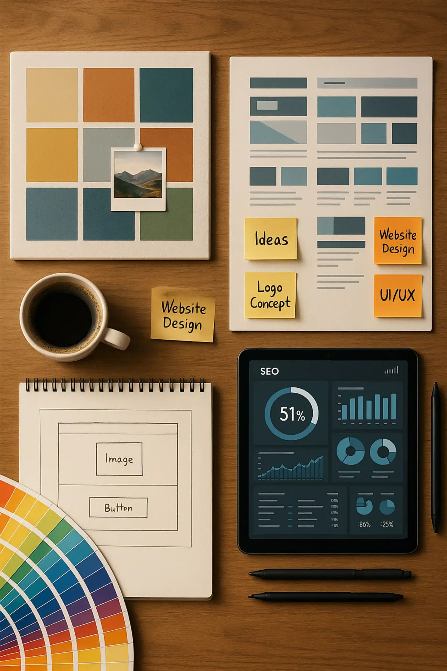 Creative designer’s workspace with color palette, website wireframes, sticky notes, coffee cup, and tablet showing SEO analytics