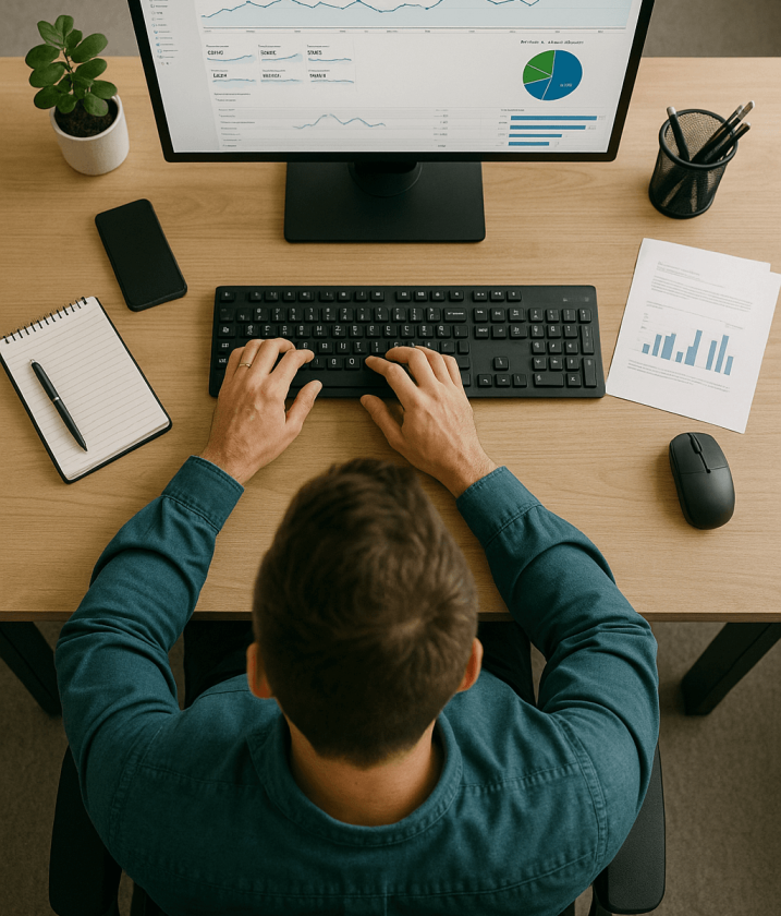 Top view of SEO specialist analysing website traffic data and charts on a desktop computer