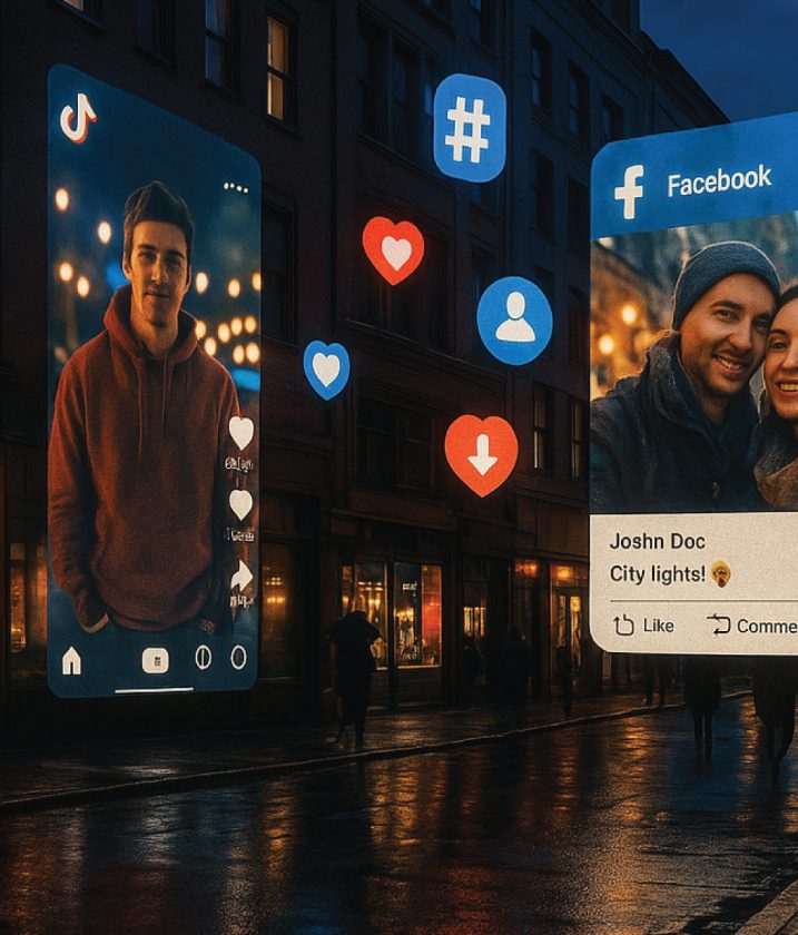 Night city scene with floating TikTok and Facebook posts, likes, and hashtags