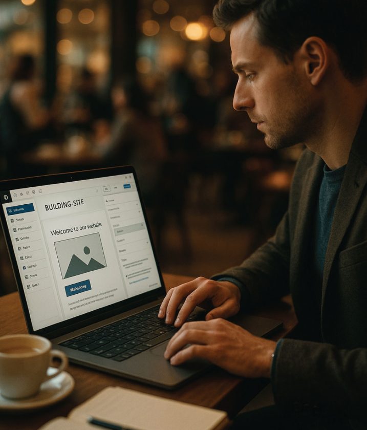 Freelancer designing a website on a laptop in a cozy café setting