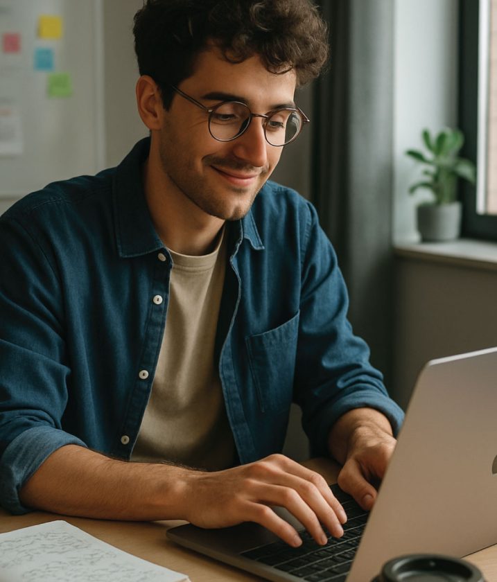 Young man working on a laptop at a desk with notes and coffee